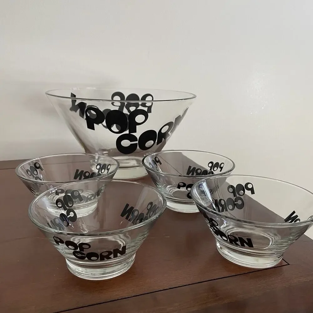 Vintage Glass Popcorn Serving Bowl Set (5) Black 70s Style MCM Wheaton